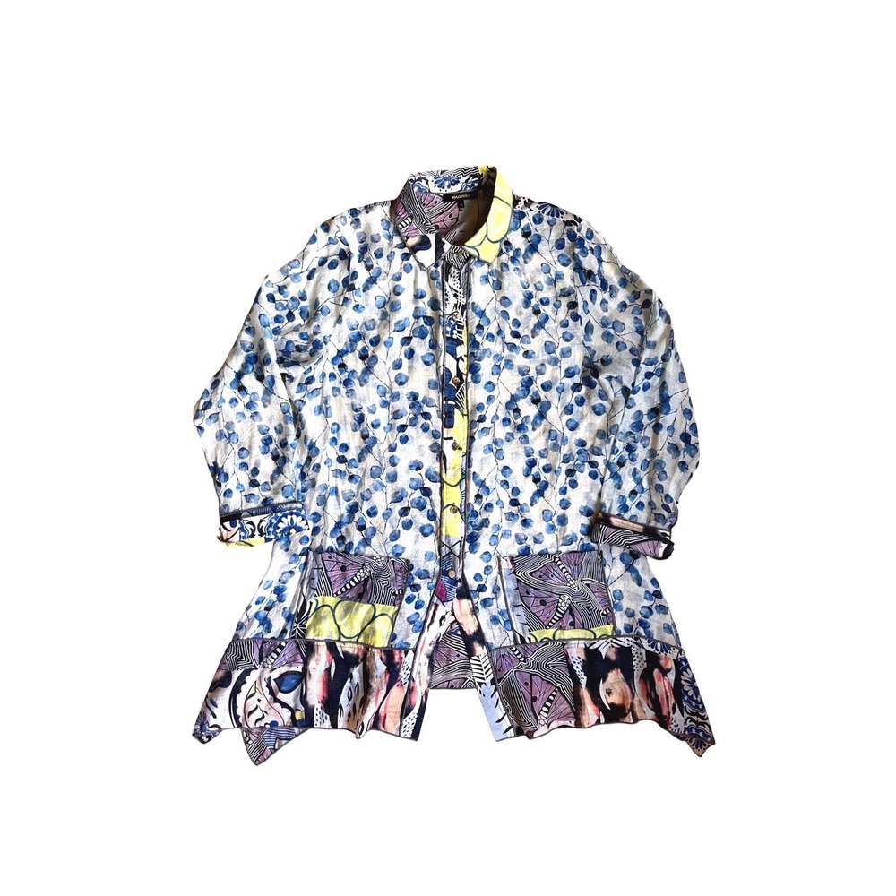 Radzoli Button Down Tunic Blouse Blue Botanical Sharkbite Hem M Lagenlook Boho